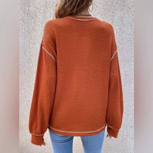 Women’s Long Sleeve Waffle Sweater Oversized Boho Knit Tunic Rust Orange Large - Picture 13 of 13
